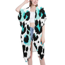 Load image into Gallery viewer, Animal Fringe Kimono Mid-Length Side Slits Chiffon Cover Up (Model H50) (Print-On-Demand-Product)