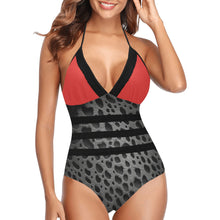 Load image into Gallery viewer, "Blackberry" Red Lace Band Embossing Swimsuit (ModelS15) (Print-On-Demand-Product)