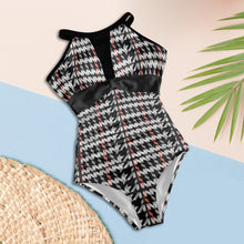 Load image into Gallery viewer, "Google Me" Women's High Neck Plunge Mesh Ruched Swimsuit (Model S43) (Print-On-Demand-Product)