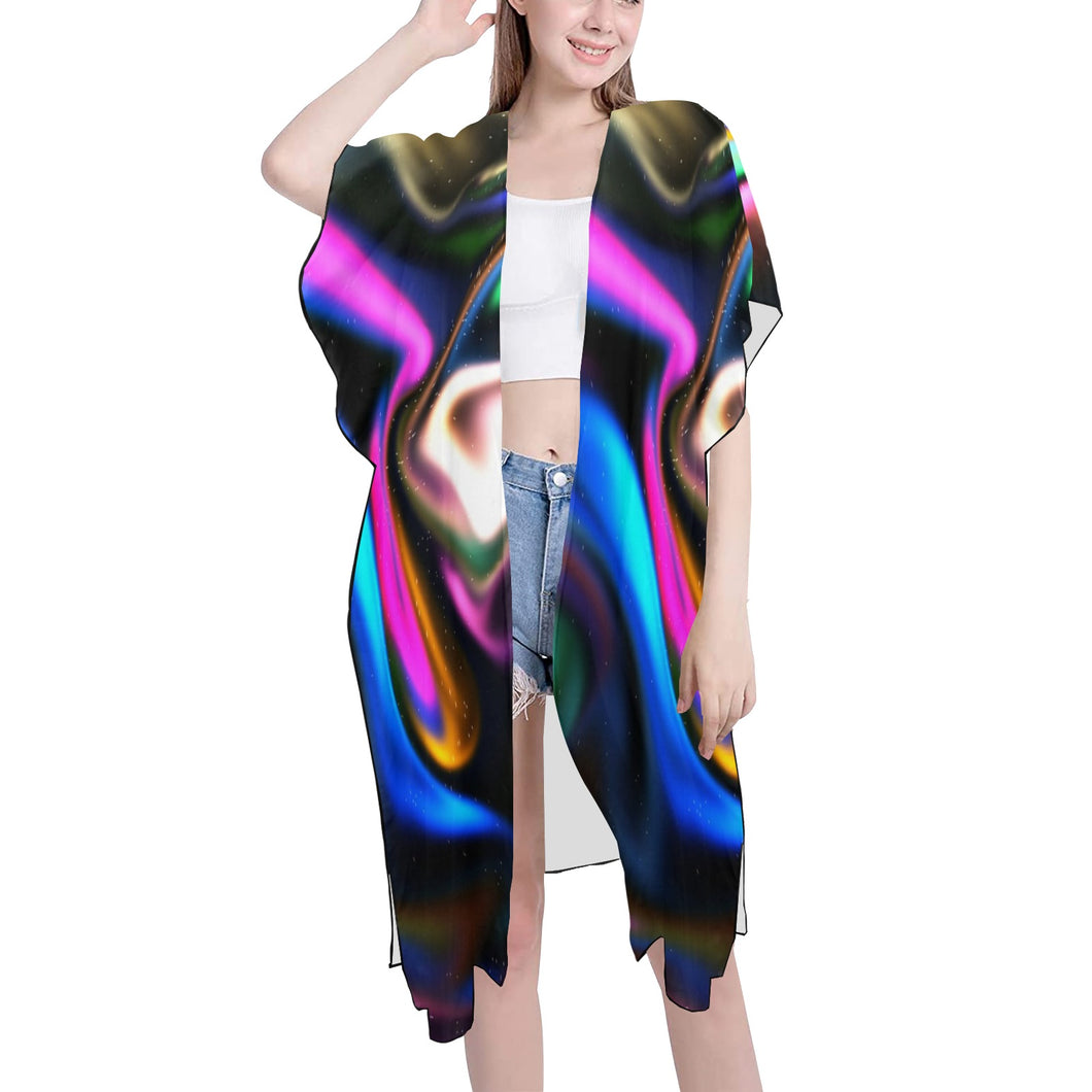 Feisty Girl Kimono Mid-Length Side Slits Chiffon Cover Up (Model H50) (Print-On-Demand-Product)