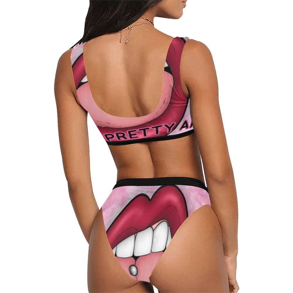 Pretty AF. Sport Top & High-Waisted Bikini Swimsuit (Model S07) Print-On-Demand Product